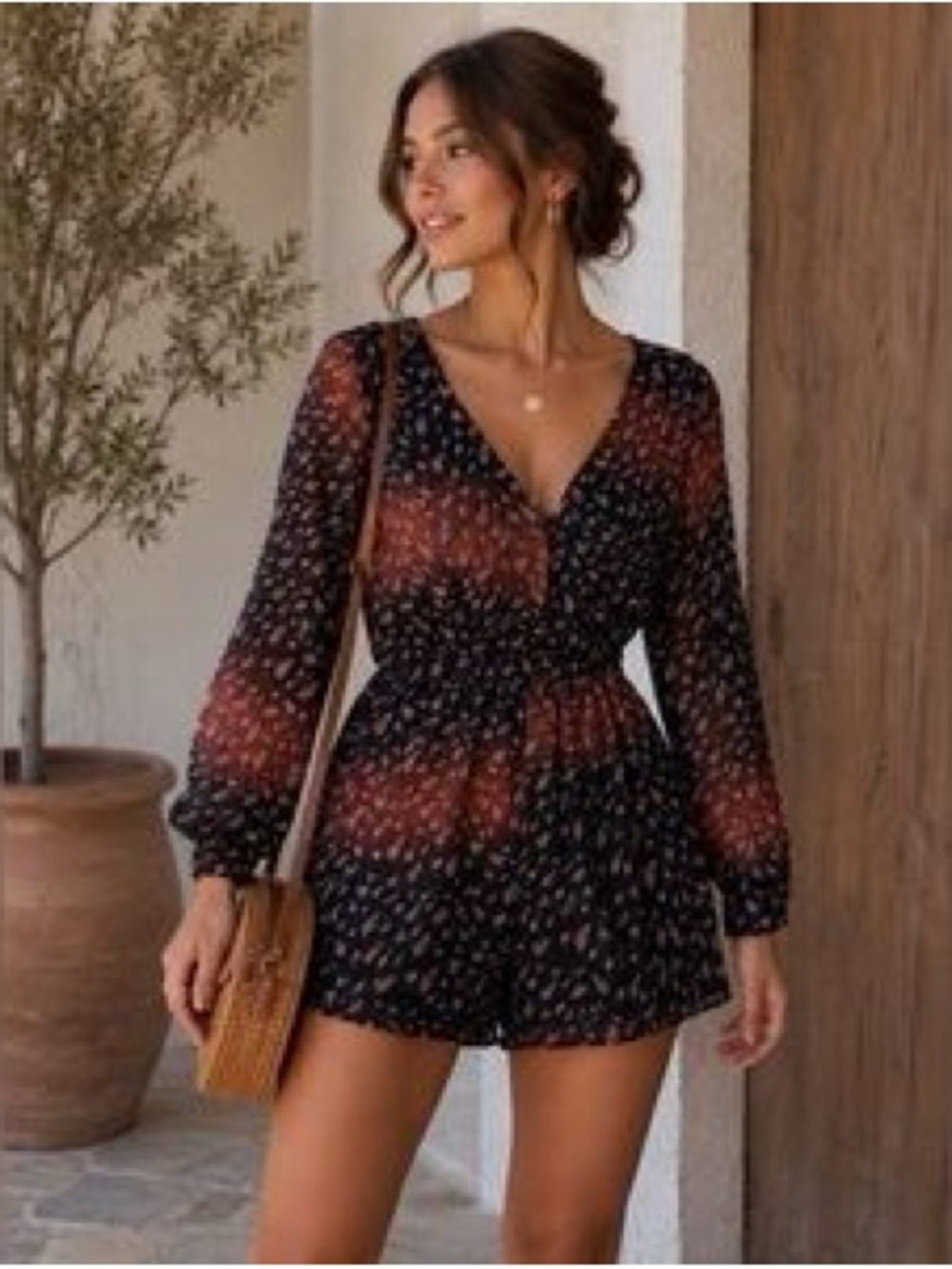 BCBGeneration Black Romper with Rust Floral Panels